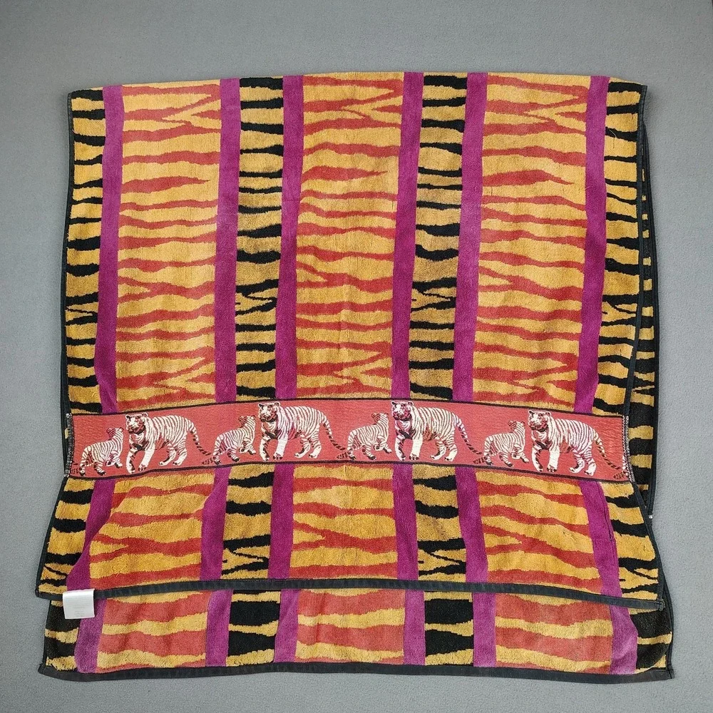 Vintage Tropical Escape Beach Towel Bengal Tiger Print Heavy Cotton XL 34x65